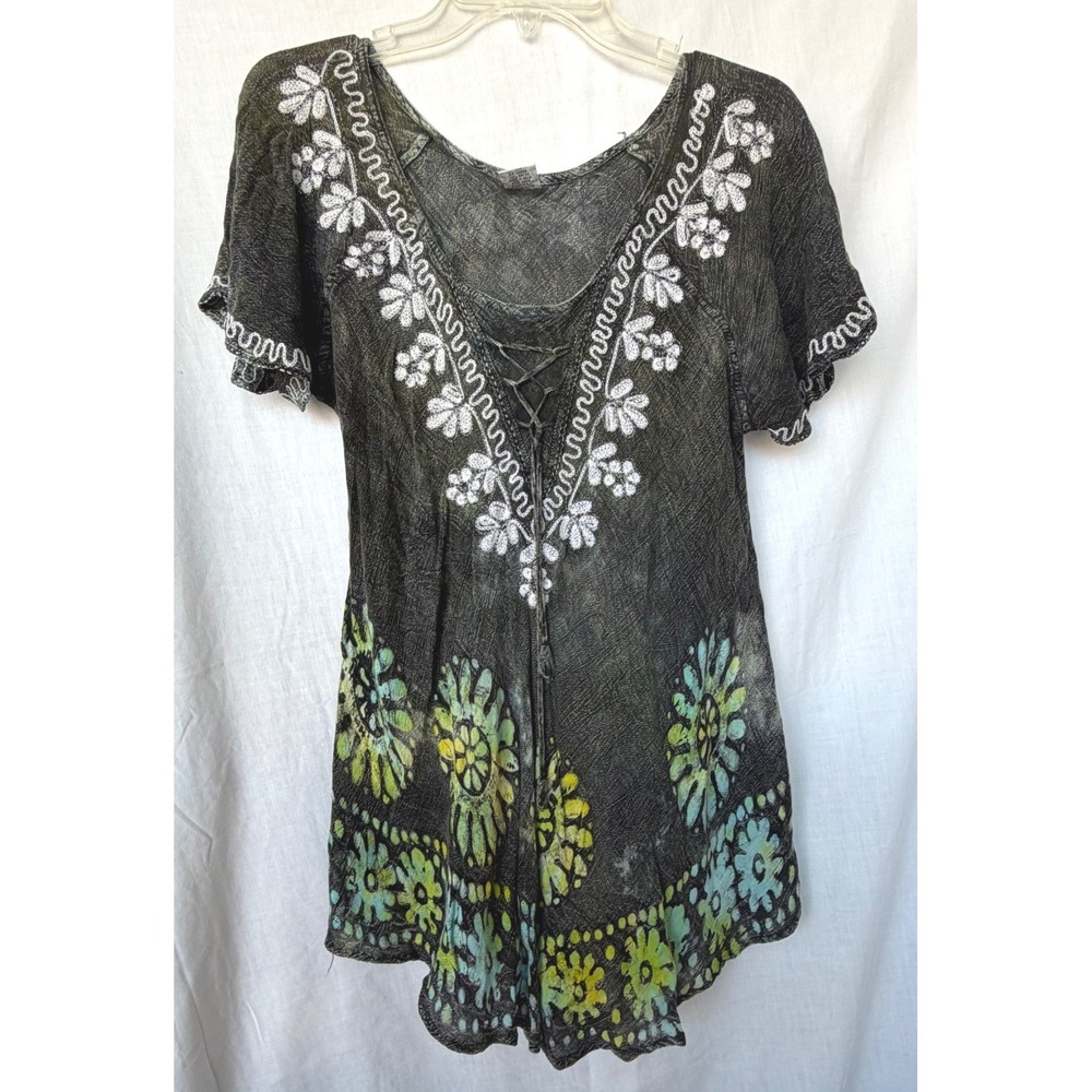Coastal Festival Tunic Top Gray Tie Dye Embroidered Lace Up Boho Shoreline L XL